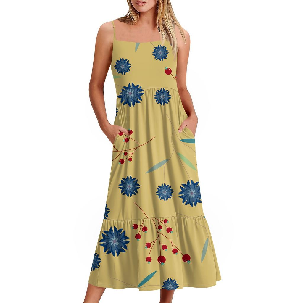 Women's Long Beach Casual Elegant Spaghetti Strap Maxi Dress Floral Low-key Flowing Bohemian Dress