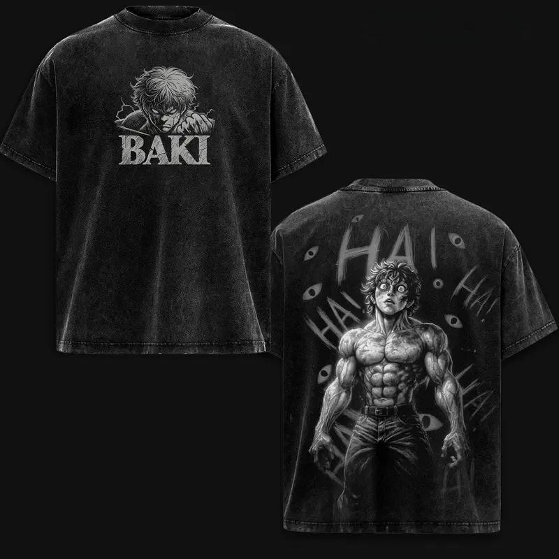 Мужская футболка с принтом Манга Баки Ханма Баки, короткий рукав, стираный хлопок, винтажная, повседневная, Харадзюку