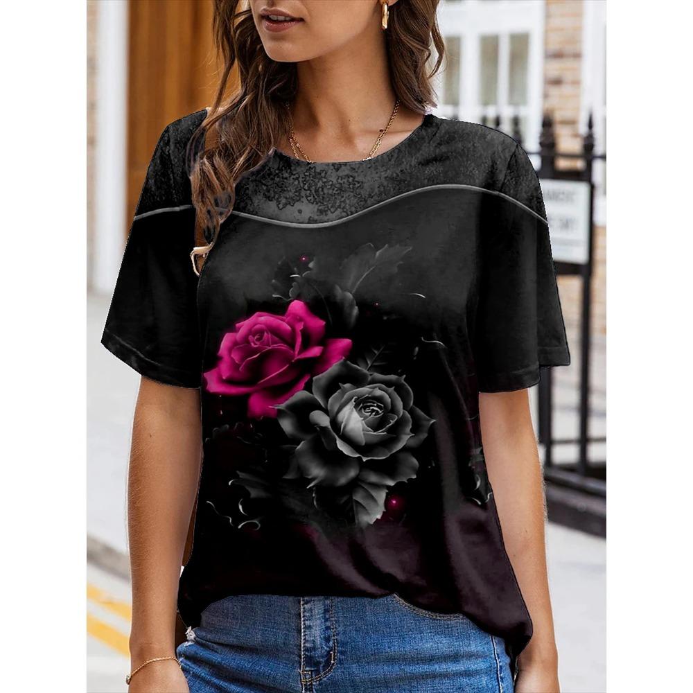 Женская футболка, летние модные топы с короткими рукавами, повседневная футболка с круглым вырезом и 3D цветочным принтом для женщин, одежда Y2k, футболки больших размеров