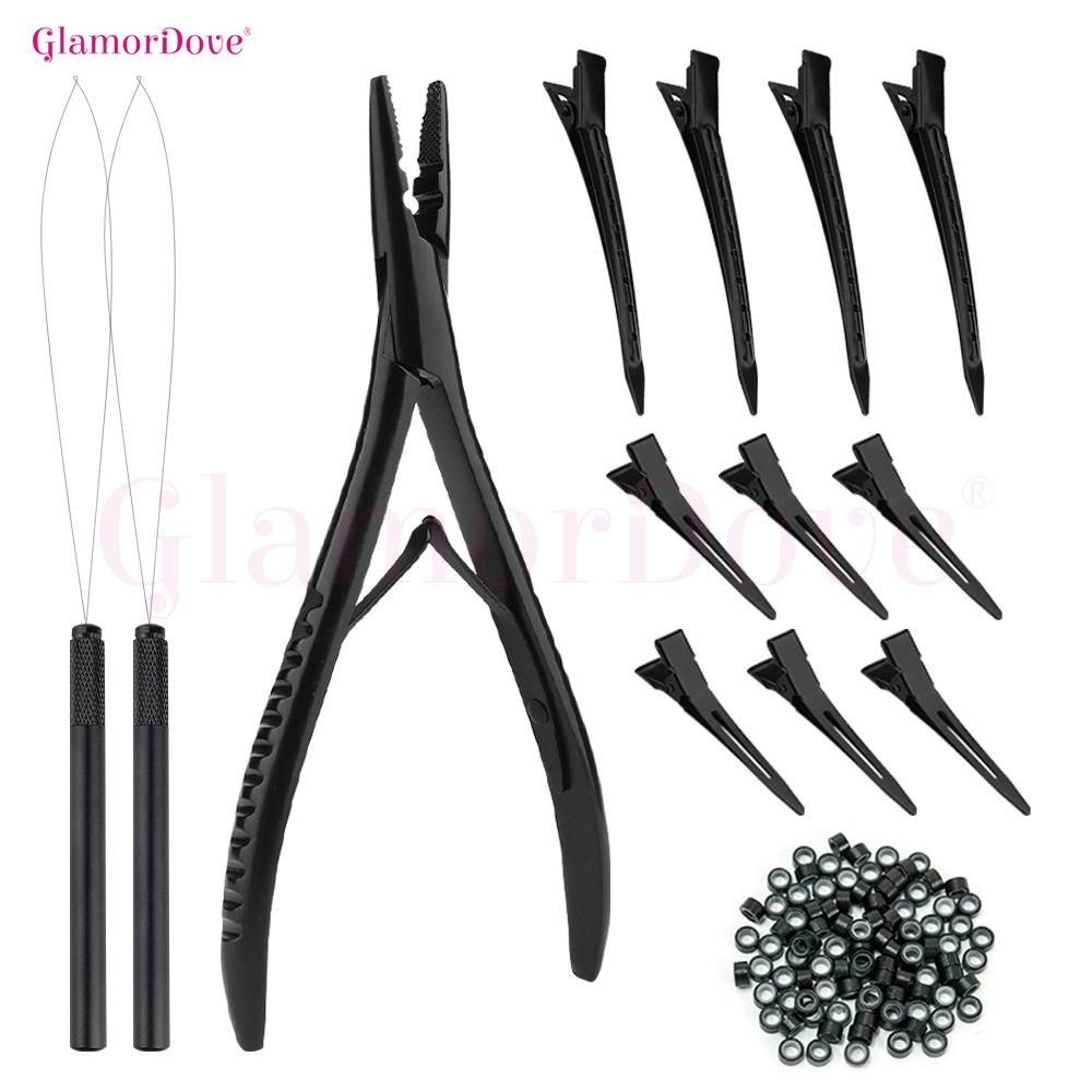GlamorDove Hair Extension Kit – Pliers, Loop Tool, Clips & 200PCS Beads for Micro Ring & I Tip