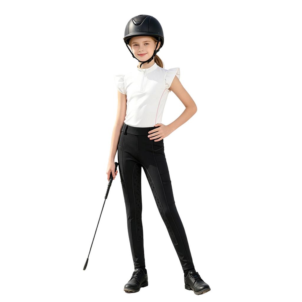 Girls Equestrian Riding Zip Up Stand Collar Ruffled Sleeves Contrast Trim Top Anti Slip Full Seat Breeches Outfit