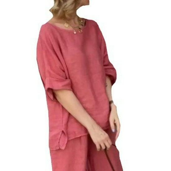 Женский повседневный костюм из хлопка и льна 2025 года в однотонном цвете: Летние свободные брюки из двух частей