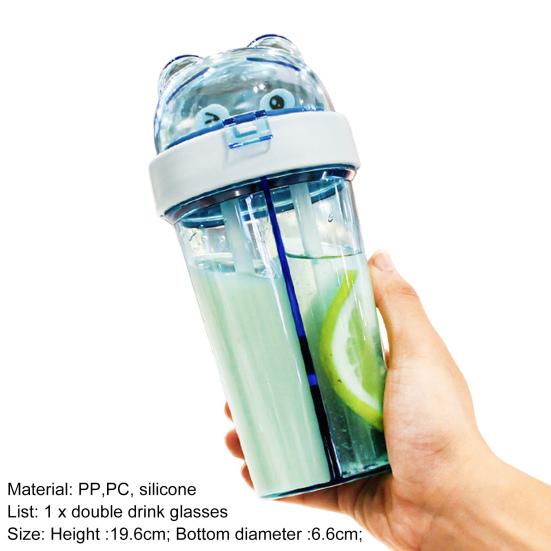 420ML Double Drinking Cup Separate Cup Mouth Dustproof Lid Leak-proof Heat Resistant Double Straws Drinking Bottle School Accessory