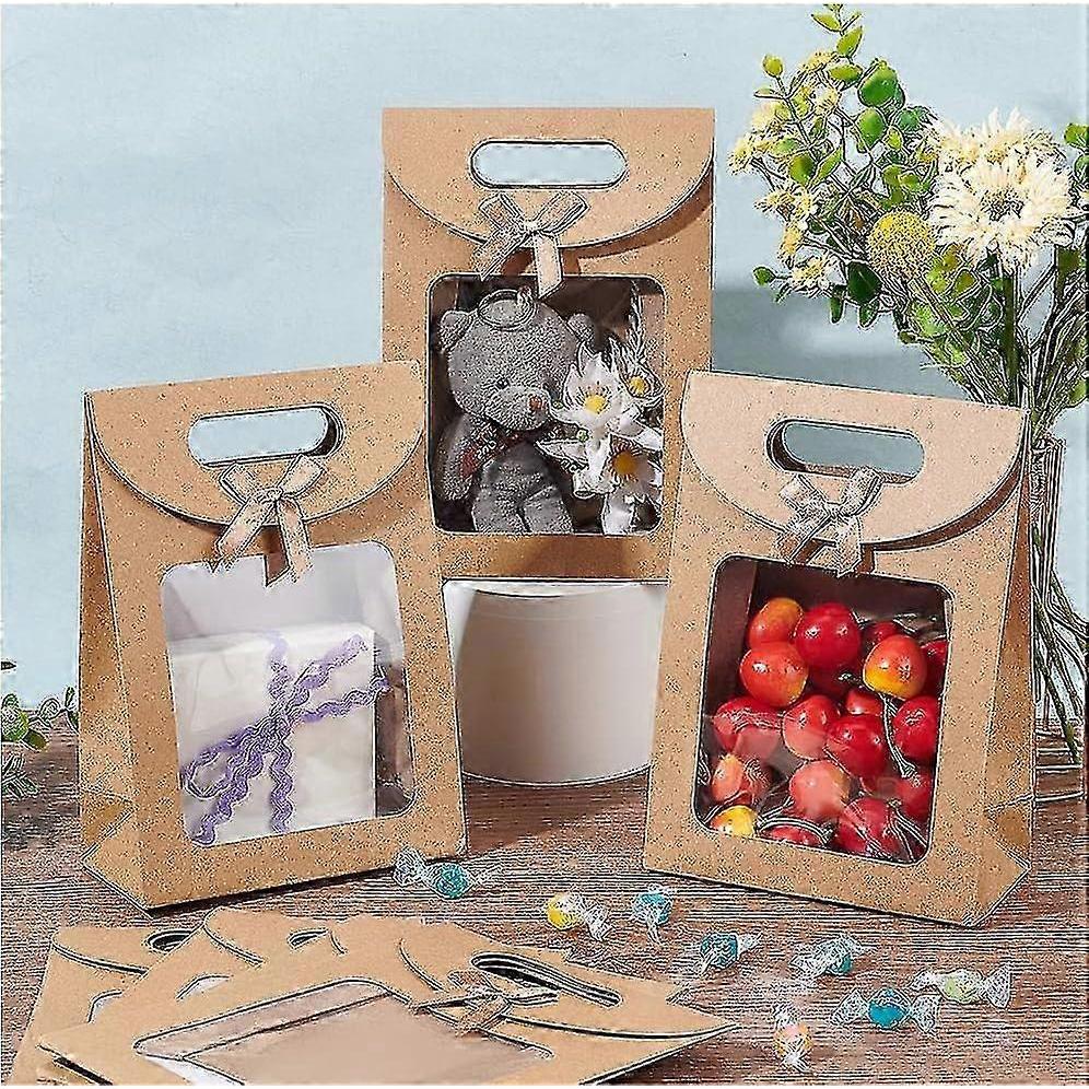 12 Pcs Kraft Paper Bags with Window, Stand Up Gift Bag with Handles Brown Gift Bag with Clear Window