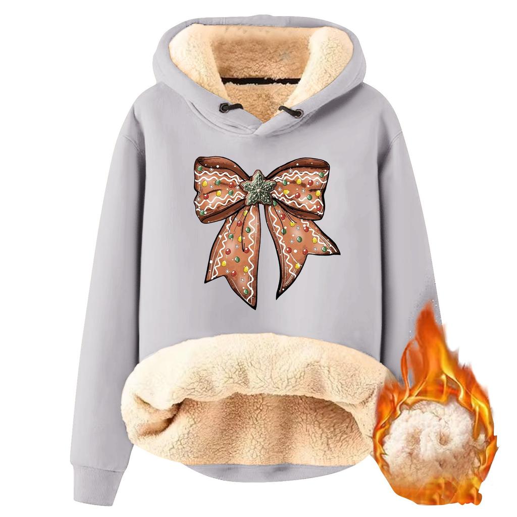 Women's Fashion Hooded Christmas Bowknot Printed Plush Warm Loose Pullover Sweatshirt
