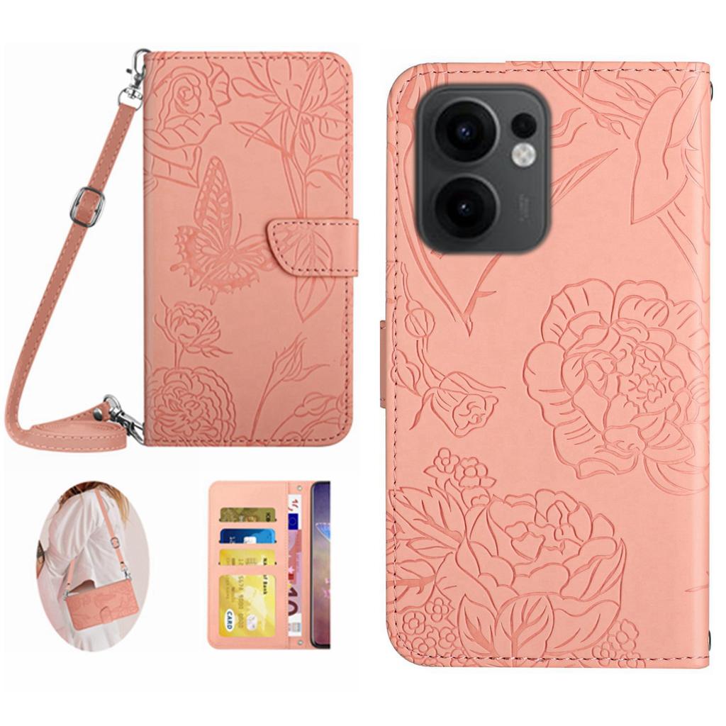 For Oppo Reno13 F 4G/5G Case Butterfly Flower Imprint Leather Phone Cover with Shoulder Strap