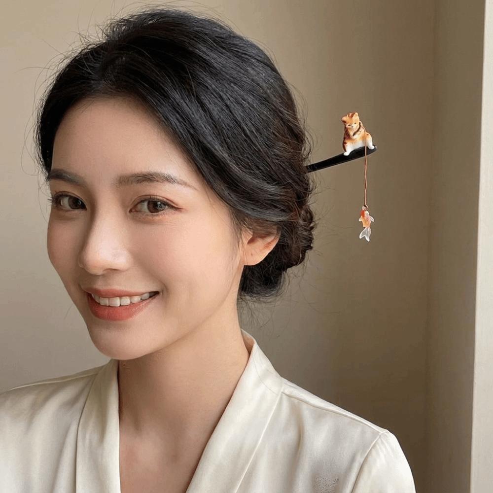 Black Sandalwood Wooden Hair Stick Tassel Hanfu Hairpin Antique Cat Fishing Hair Stick Girl