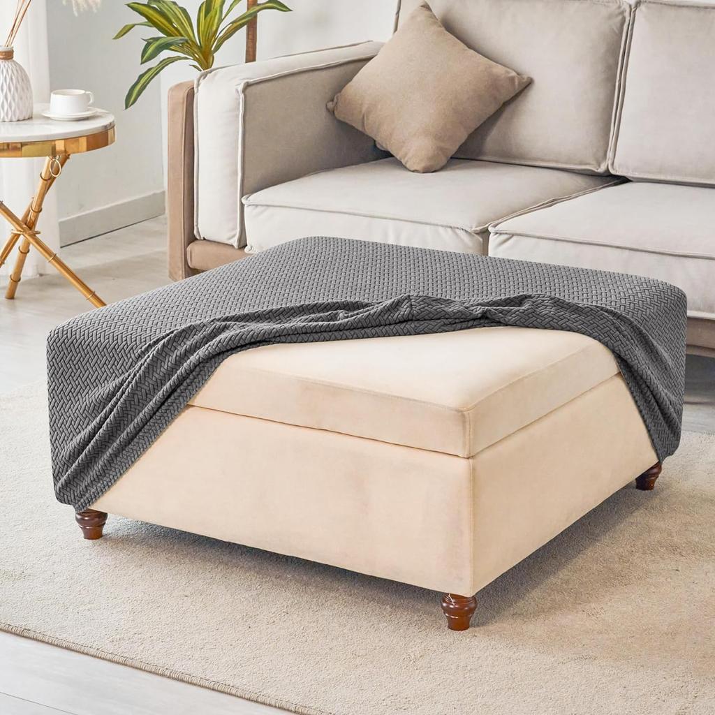 T-Shape Jacquard Square Stool Cover Ottoman Stool Cover Elastic Sofa Footrest Slipcovers for Living Room Office Home Decor