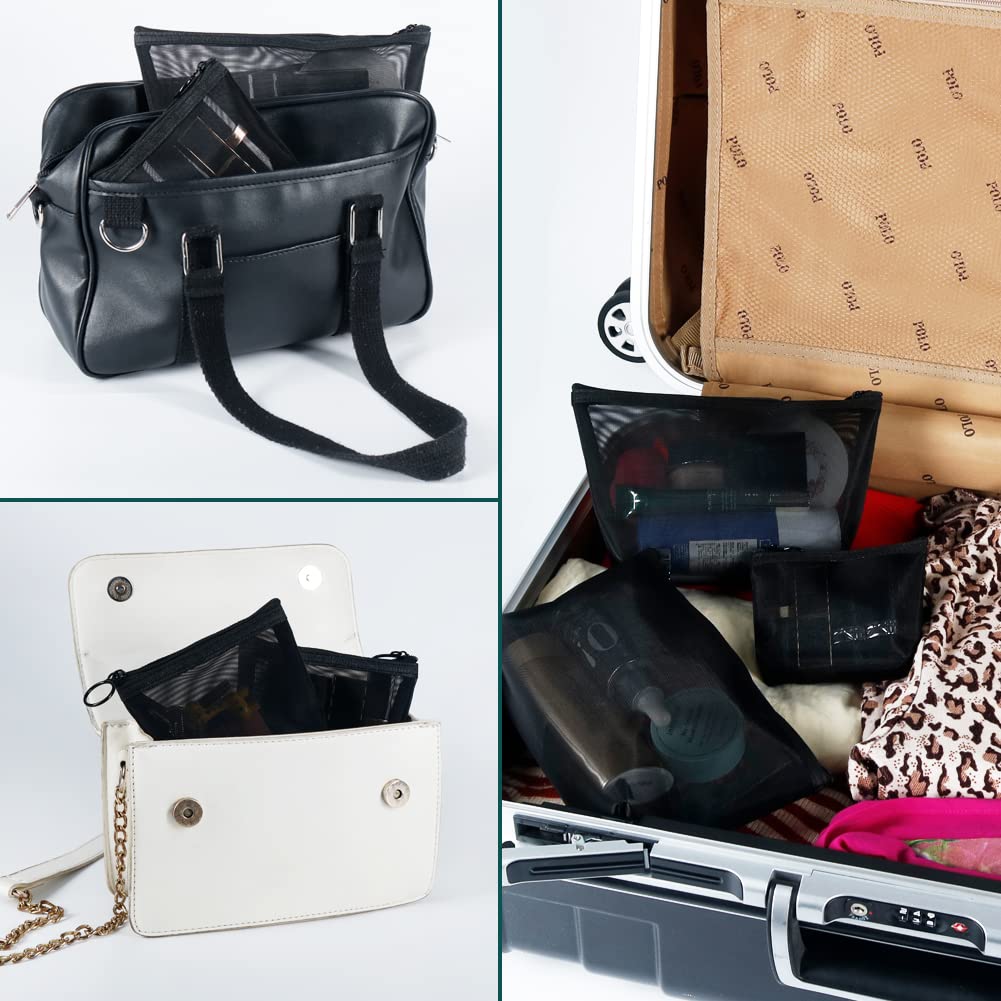 Besharppin Mesh Cosmetic Nylon Makeup Pouch for Cosmetics Storage and Small Items for Business Trips and Travel 4-Pack Pouch, (Black)