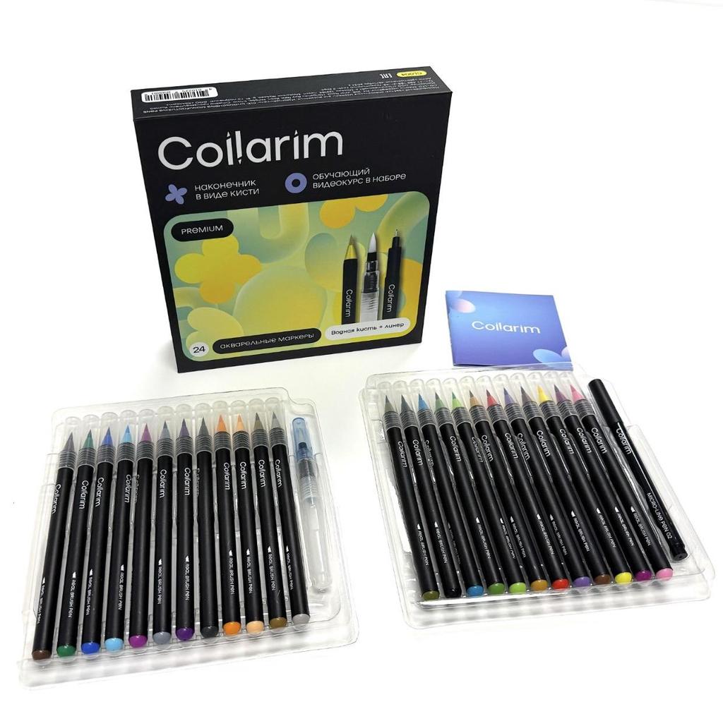 Premium Watercolor Brush Pens Set - 24 High Pigment Colors - Flexible Brush Tip, Water Brush & Fineliner