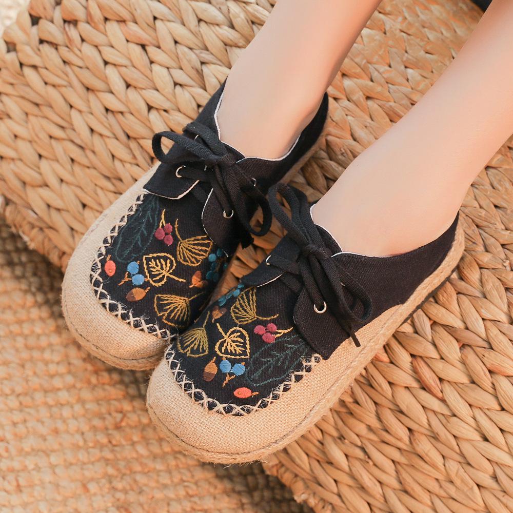 Johnature Cotton Linen Flats Women Shoes Lace-up Spring Round Toe Embroider Concise Comfortable Handmade Ladies Shoes