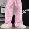 Women's Pink Plaid Straight-Leg Pants, Loose Slimming Fit, Casual Wide-Leg, Floor-Length, Spring/Autumn 2025.
