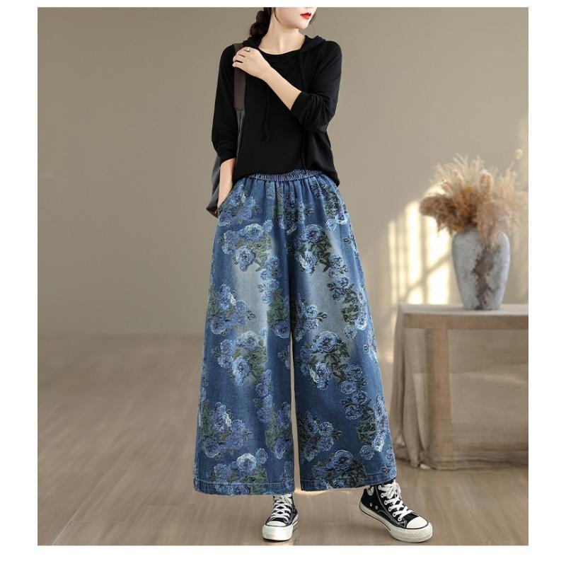 DIMANAF Большой размер Осень 2025 Джинсы Новые Длинные Брюки Женские Свободные Джинсовые Брюки Большой Размер Повседневные Цветочный Принт