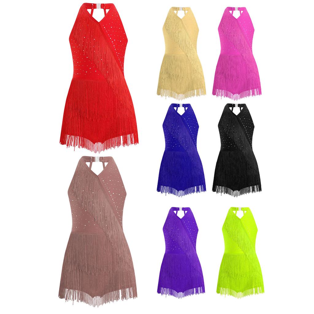 Girls Latin Dance Costume Glittery Rhinestones Fringe Leotard Halter Neck Sleeveless Strappy Back Tassel Jumpsuit