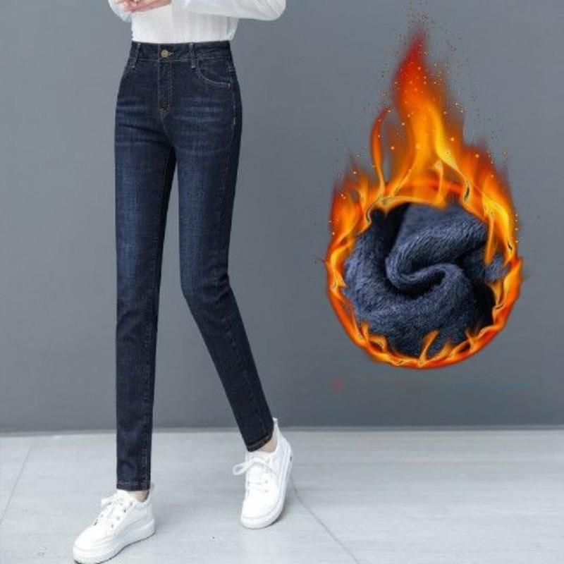 Vintage Winter Warm Skinny Pencil Jeans Women Casual High Waist Velvet Lined Denim Pants Korean Slim Stretch Thicken