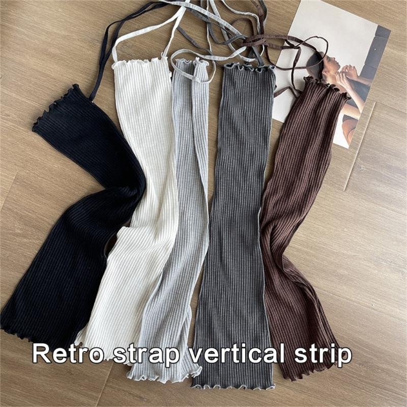 Japanese Ribbed Thigh High Leg Warmers Lace Up Bandages Over Knee Flared Leg Covers Ruffle Trim Footless Socks for Women