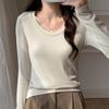Однотонная рубашка для женщин в начале осени, новая футболка с длинными рукавами, облегающий крой, низкий круглый вырез, универсальный верх