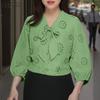 Women Casual Bows V-Neck 3/4 Sleeve Loose Patchwork Lace Crochet Blouse