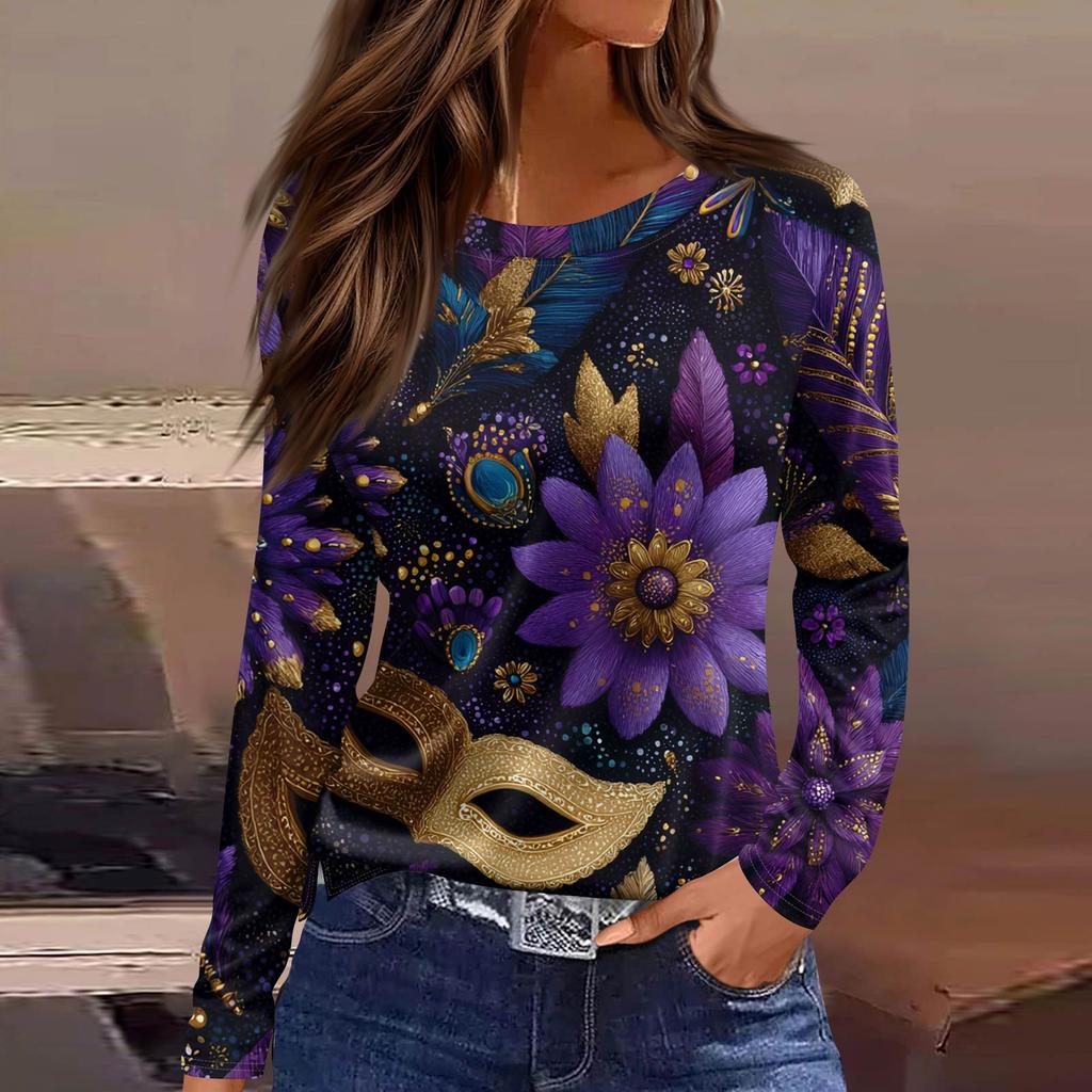 Women's Fashionable Casual  Neck Long Sleeve Hem Split Carnival Print T-Shirt Top