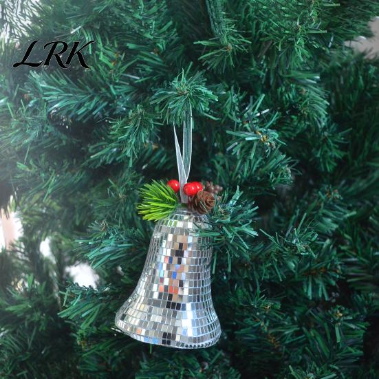 Mirror Tiles Bell Decorations Christmas Disco Decoration, Reflective Xmas Hanging Ornament, Decorative Bells with Berries Tree Pendant for Holiday