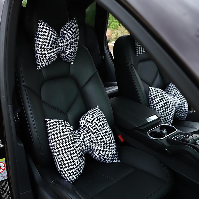 Houndstooth Bow Car Headrest Neck Pillow & Waist Pillow Set - Cute Car Interior Accessories for Women