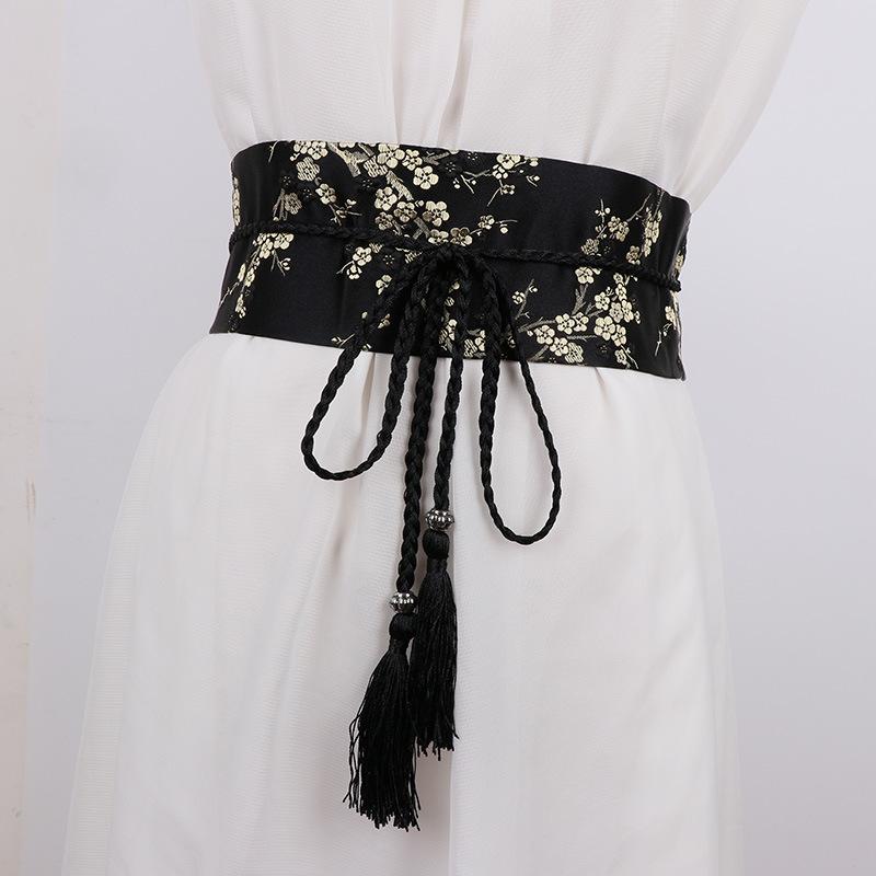 Vintage Floral Embroidered Waistband for Women Elegant Chinese Bow Tie Wrap Around Belt with Tassels for Dress Clothing