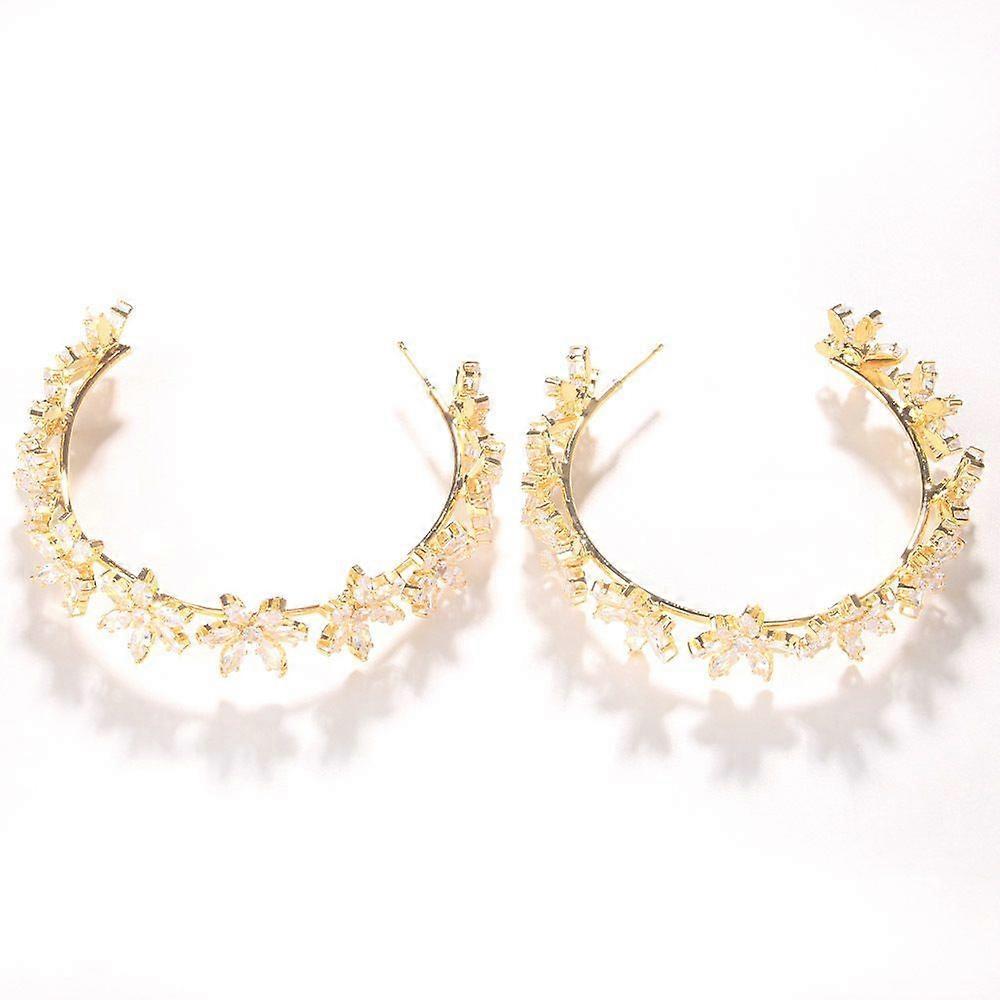Hoop-shaped flower zircon earrings high-end dress net celebrity shiny earrings accessories ladies gold