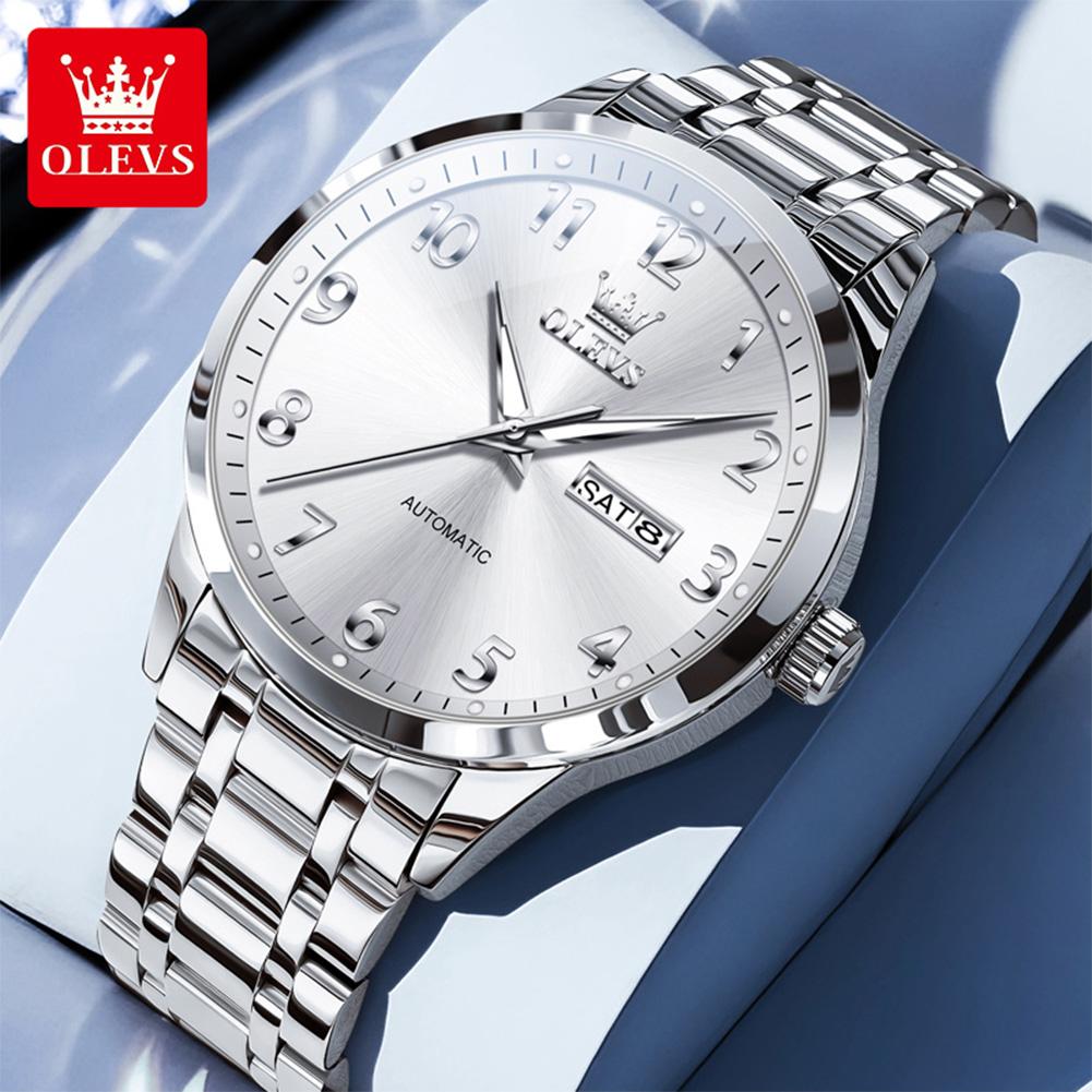OLEVS 7078 Original Automatic Man Watch Digital Dial Stainless Steel Dual Calendar Waterproof Luminous Mechanical Men's Watches