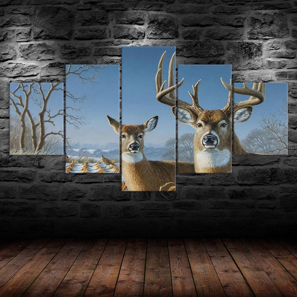 Deer Family Winter Scenery 5 Piece Five Panel Wall Canvas Print Modern Art Poster Picture Home Decor Gift For Him For Her