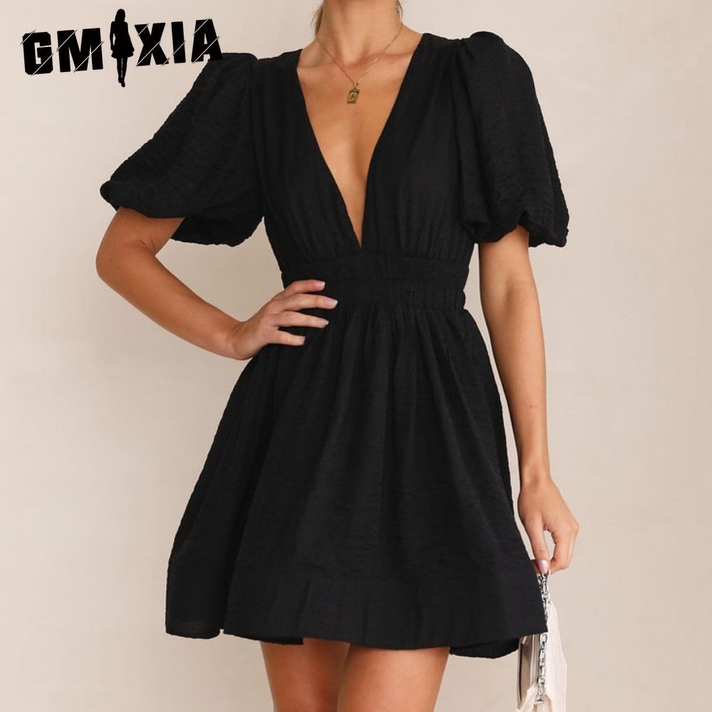 GMXIA Короткая юбка сексуальная V-образный вырез рукав-фонарик талия принцесса юбка женское платье с коротким рукавом юбка
