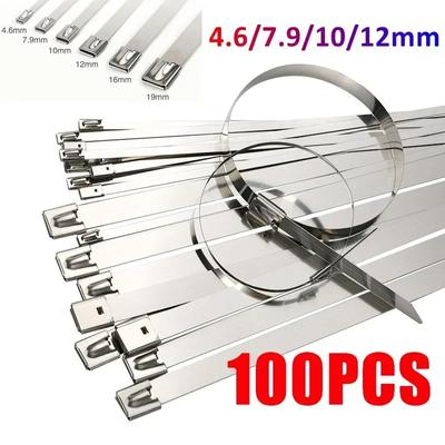 100 шт. металлических кабельных стяжек из нержавеющей стали 304, 4,6/7,9/10/12 мм, с покрытием для обертывания выхлопной трубы, самоблокирующиеся металлические стяжки для крепления выхлопной трубы