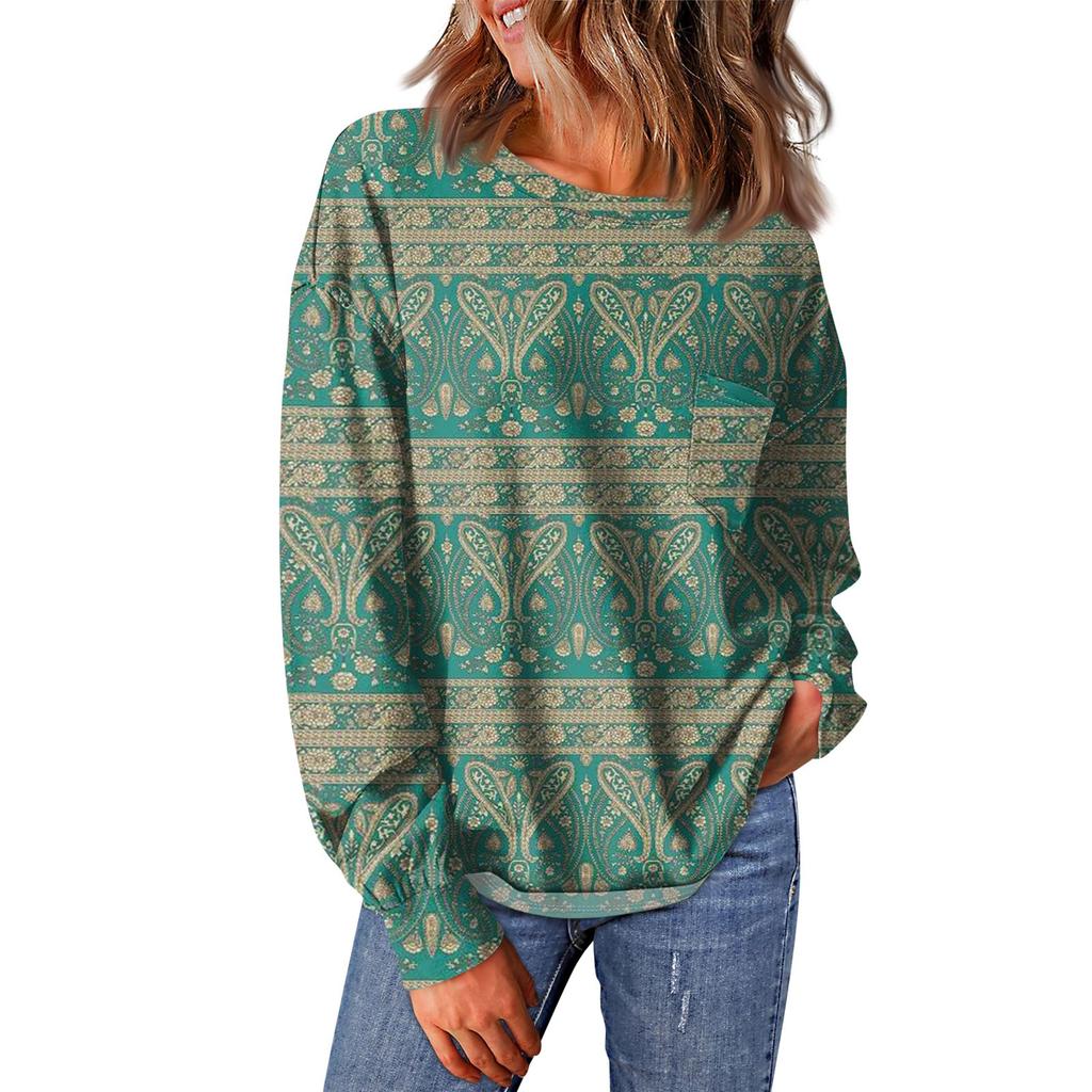 Женский повседневный свободный топ с круглым вырезом и карманами с винтажным цветочным принтом и длинными рукавами