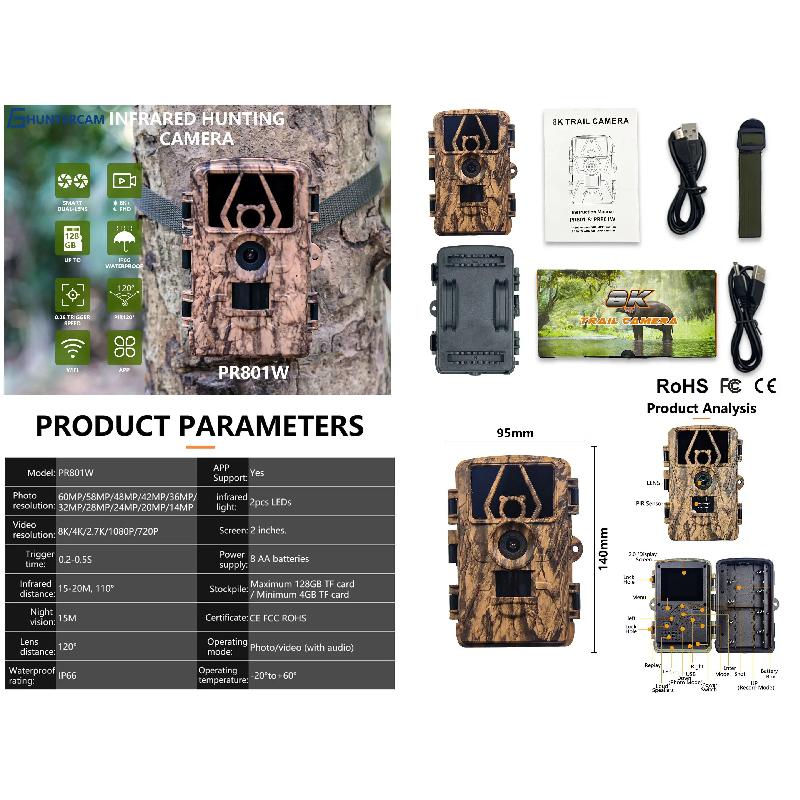 8K WiFi Waterproof Trail Camera PR801W 60MP Supports APP Viewing for Outdoor Animal Hunting Night Vision and Farm Monitoring
