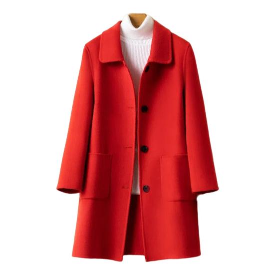 Women Jacket with Dual Pockets Lapel Solid Color Single-breasted Woolen Coat Loose Thermal Long