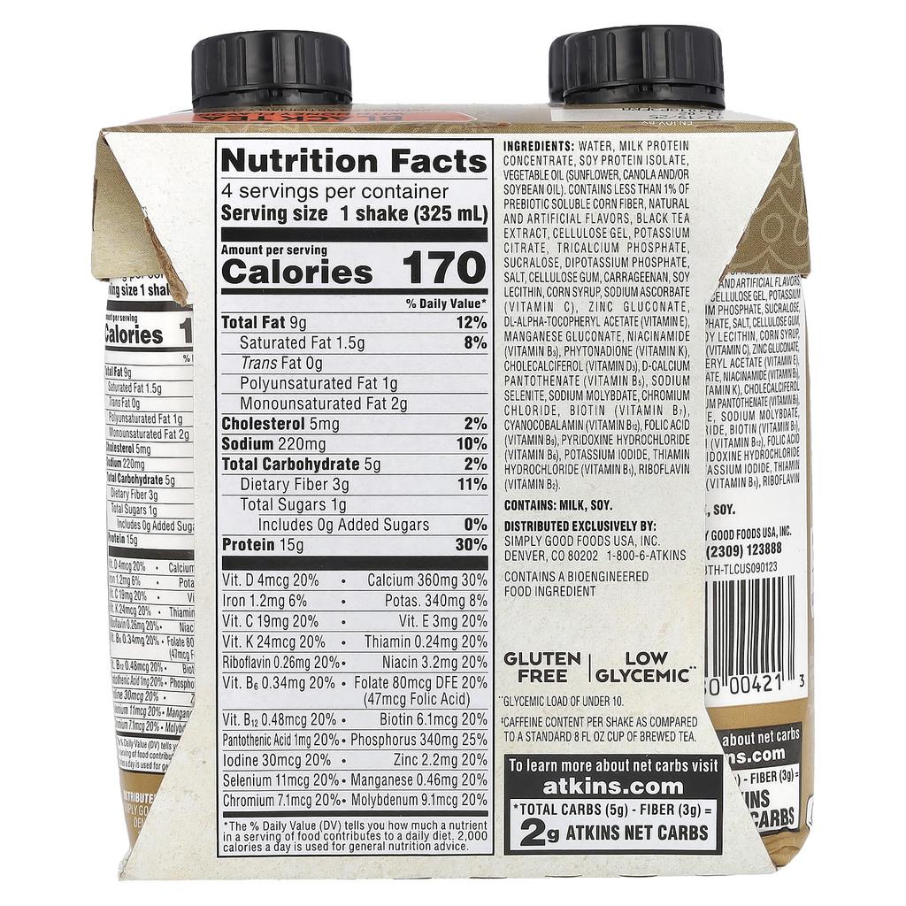 Atkins Iced Tea Latte Protein Shake, Black Tea with Honey, 4 Shakes, 11 Fl Oz (325 Ml) Each