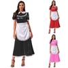 Women French Maid Costume Satin Lapel Collar Lace Trim Short Sleeve Wet Look PU Maxi Dress