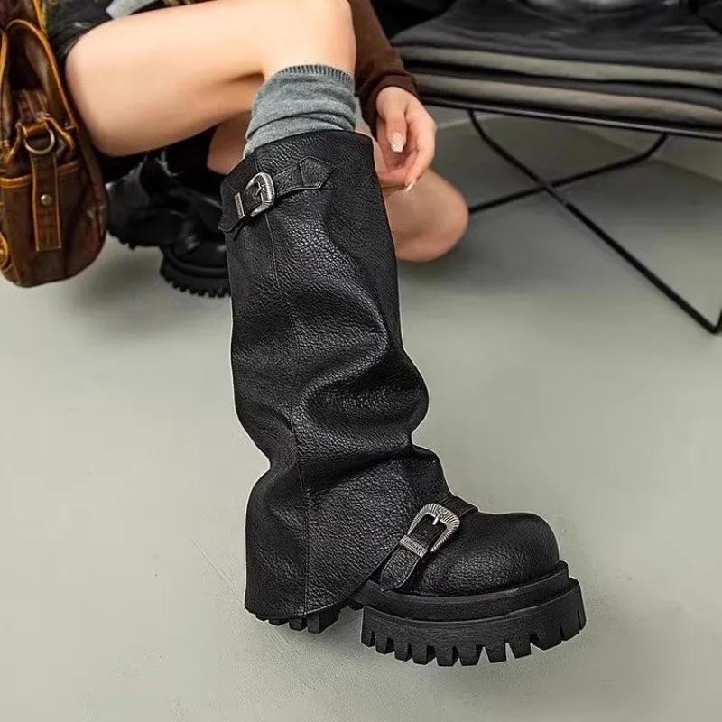 Women High Boots Platform Chunky Fad Buckle Leather Mid Heels Shoes 2025 Trend Designer Knee High Mortorcycle Winter Botas Mujer