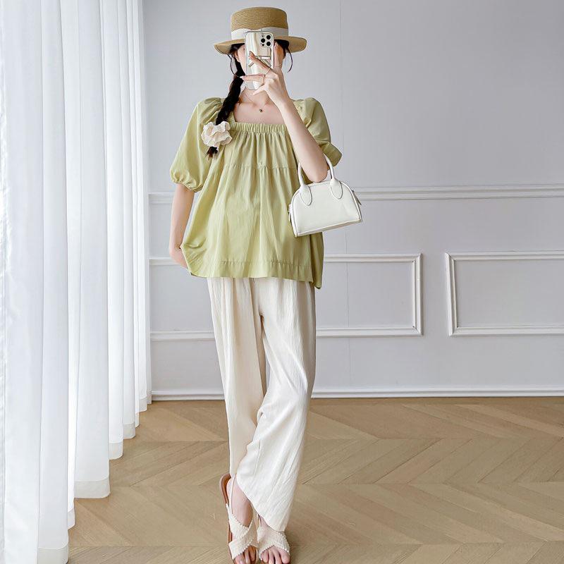 Комплект для беременных: Летний топ с открытыми плечами и пышными рукавами и повседневные брюки прямого кроя, 2026