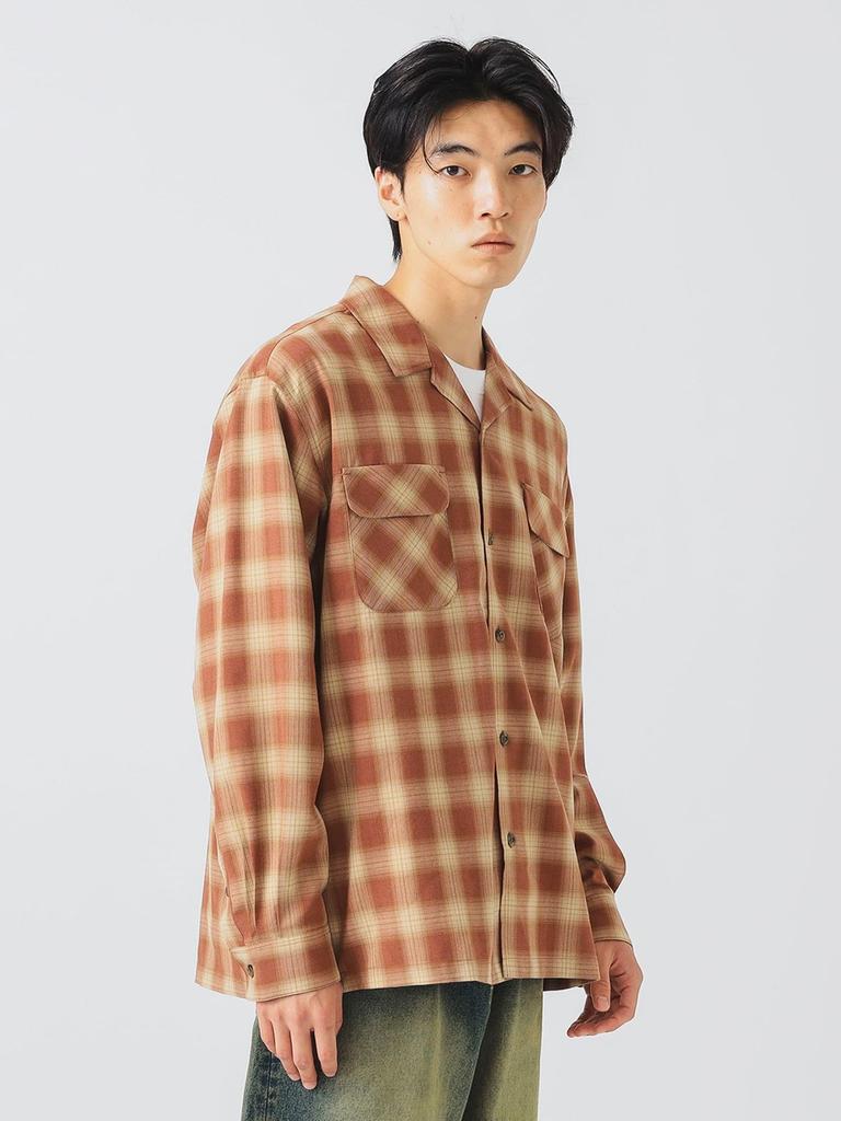 Beams Heart Men's Polyester Rayon Ombre Check Shirt, BRICK Size S