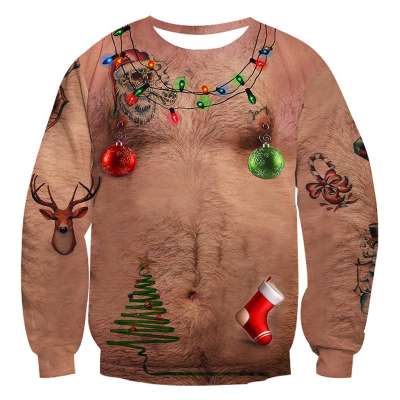 Women Men Funny Chest Hair Print Ugly Christmas Sweaters Jumpers Couple Autumn New Year Eve Holiday Party Xmas Sweatshirt Ropa