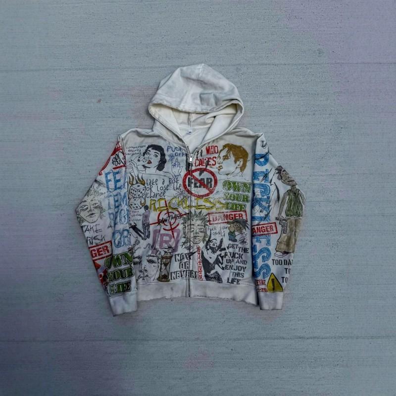 Washed Vintage Graffiti Printed Zip Up Hoodie Loose Fit Streetwear Young Men