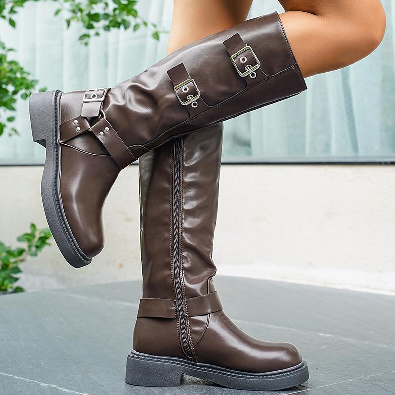 Fashion Women's Adjustable Buckle Riding Boots with Side Zipper Fashion Black PU Leather Knee High Boots Women Autumn Winter Long Botas