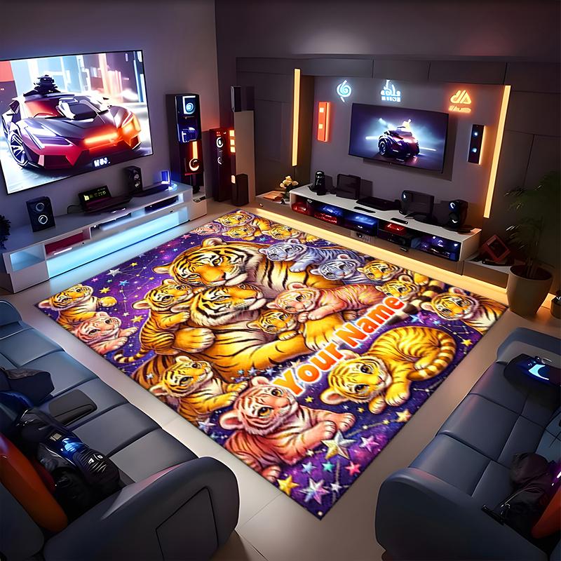 1PC Custom Name Tiger Family Space Theme Floor Mat Ideal for Living Room, Game Rooms, Office, Bedroom,Floor Mat Playful Design