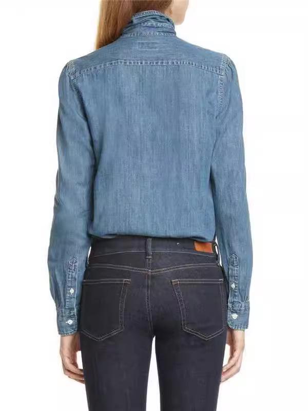 2024 Европейская и Американская Повседневная Джинсовая Рубашка с Длинным Рукавом и Воротником Кент