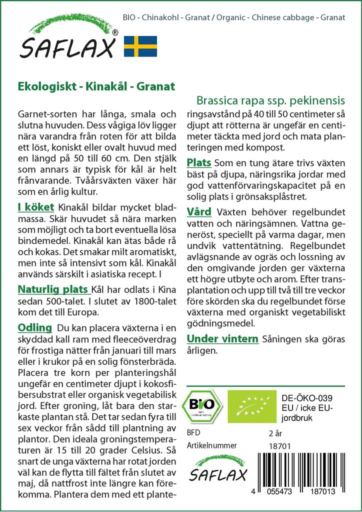 SAFLAX Organic - Пекинская капуста - Гранат - 40 семян - Brassica rapa