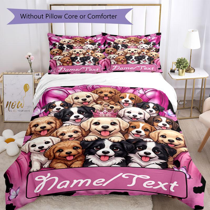 3PC Custom Name Puppy Party Pink Bedding Set Printed Bedding Set Duvet Cover Closure Includes 1 Duvet Cover & 211 Pillowcases for Bedroom