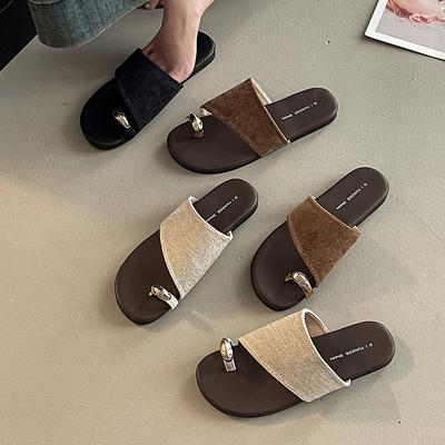 Корейская версия нишевого однословного набора шлепанцев для женщин для ношения летом, ретро сандалии на плоской подошве, римские повседневные крутые шлепанцы