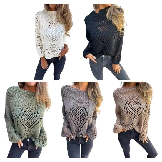 Женский свитер с круглым вырезом и длинным рукавом, ажурный дизайн, жаккардовый декор, вязаные топы, однотонный свободный покрой, повседневный свитер