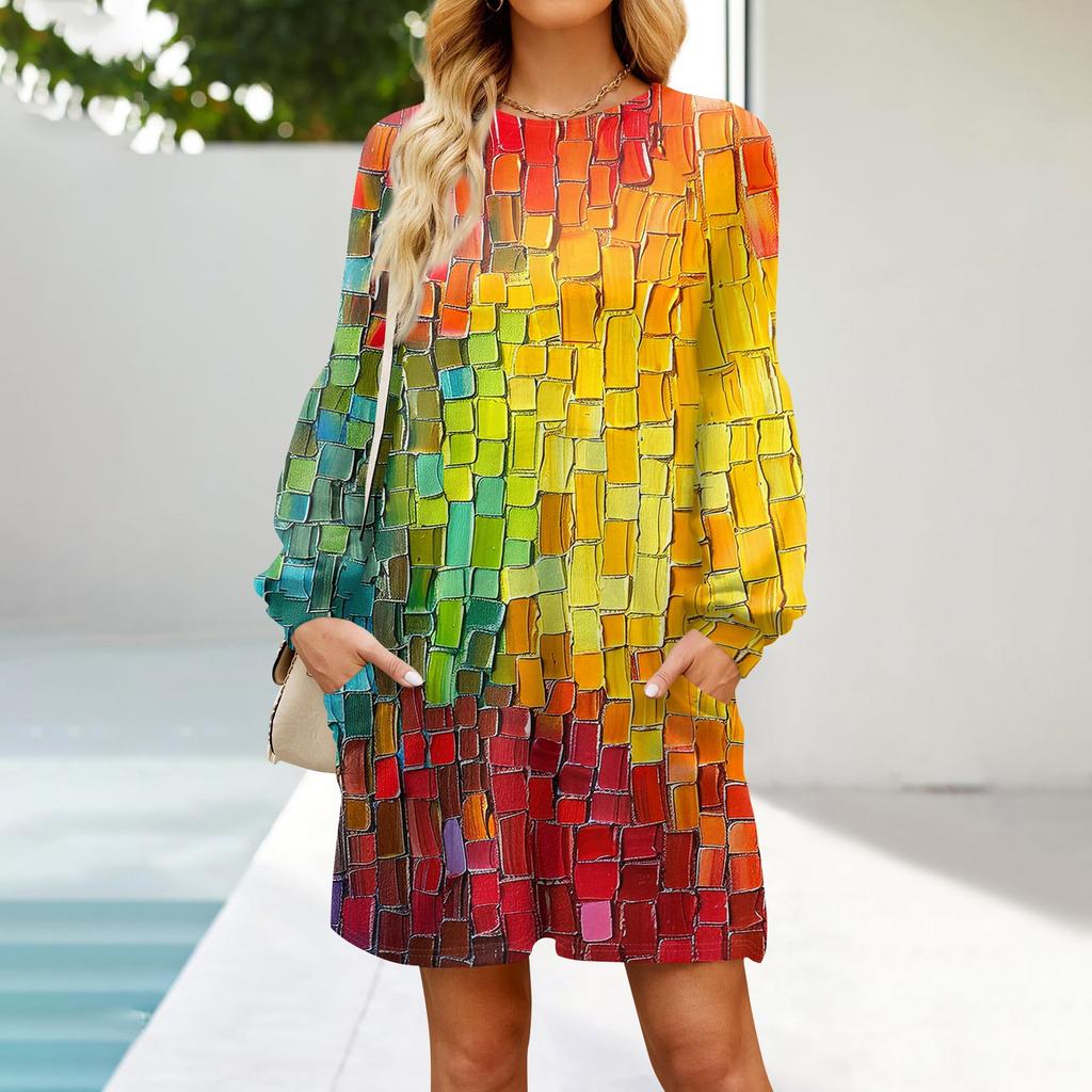 Модное женское платье трапециевидной формы с длинным рукавом. Осенний повседневный пуловер с круглым вырезом. Свободное платье с карманами.