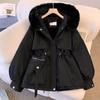 Women Autumn Winter Fur Collar Long Sleeve Solid Color Drawstring Parka Hooded Chic Warm Coat